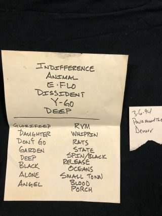 Pearl Jam Stage Set List 3 - 6 - 1994 Paramount Denver Vs.  Tour Eddie Vedder