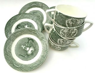 Set Of 4 Currier Ives Royal China The Old Curiosity Shop Coffee Tea Cup & Saucer