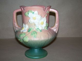 Roseville Art Pottery Mauve And Green Double Handled Vases White Rose 146 - 6 Nr