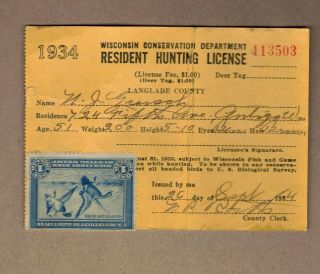 Us Federal Duck Hunting Stamp $1 - Mallards Rw1 1934 On Wisconsin License