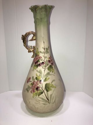 Antique Royal Bonn? Hand Painted Porcelain Vase,  Gold Bird Handle,  Green,  Floral