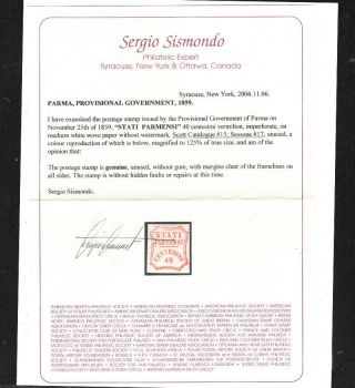 PARMA 1859 40c Red MNG - Sismondo Certificate 3