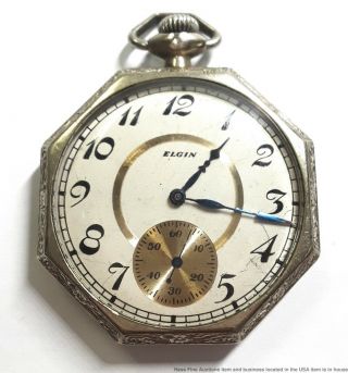 Vintage Octagonal Art Deco Elgin 12s 7j 14k Gf Mens Pocket Watch 1926