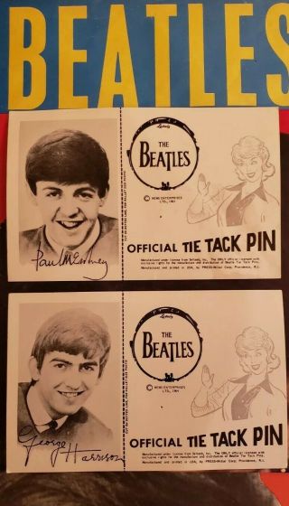 Beatles (2) Official Tie Tack Pin Cards Paul & George Vintage Yeah Yeah Yeah