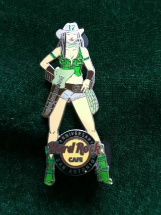 Hard Rock Cafe Pin San Antonio Cowgirl Green Boots And Top & Guitar In Holster