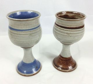 Set Of 2 Handmade Stoneware Wine Goblets Deneen Pottery Chalice Blue Brown