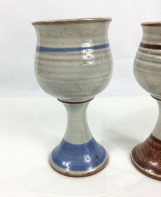 Set of 2 Handmade Stoneware Wine Goblets Deneen Pottery Chalice Blue Brown 2