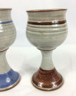 Set of 2 Handmade Stoneware Wine Goblets Deneen Pottery Chalice Blue Brown 3