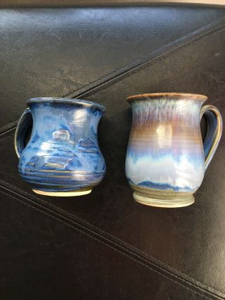 Coffee Mugs Pottery Hand Crafted Signed Hues Of Blue Set Of 2