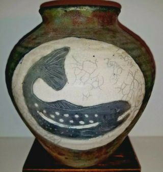 John Clayton Signed Raku Fired Opalescent Glaze Fish Pottery Vase