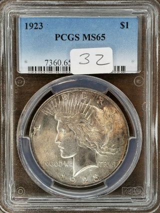 1923 - P Peace Dollar Pcgs Certified Graded Ms65 Attractive Toning Coin