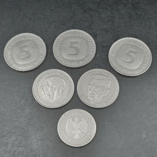 Six Vintage Coins Deutsche Marks Three 5’s,  Two 2’s,  And One 1.  1975 - 1991