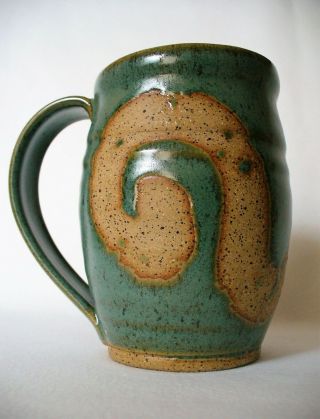 Green&brown Tall Hand Thrown Studio Art Pottery Coffee Mug Large Handle Signed