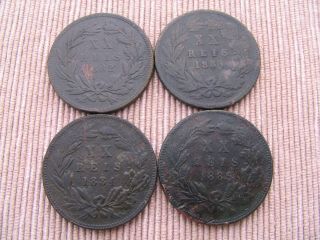 Terceira Island Azores,  Metal Detecting Finds 4x 20 Reis 1882,  1883,  1884,  1885