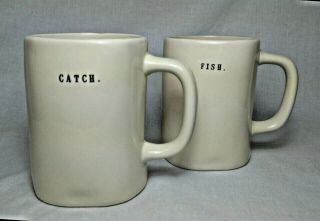 Rae Dunn By Magenta Off - White Ceramic Coffee Tea Mugs Fish Catch Set Of Two