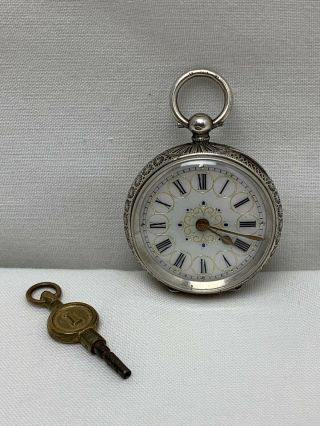 Ladies Antique C1900s Swiss Silver 0.  935 Pocket Watch With Key