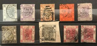 Hong Kong Qv & Kevii Stamps On Stock Card - Perfins
