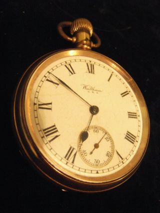 Gold Plated A.  W.  W Co Waltham U.  S.  A Traveler Open Face Pocket Watch