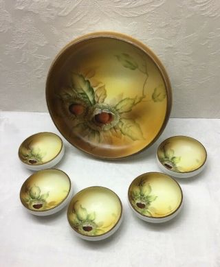 Nippon Moriage Nut Bowl W/ 5 Individual Bowls - Footed,  Signed,  Hand Painted