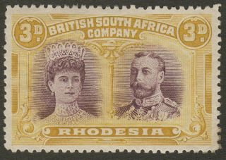 Rhodesia 1910 Kgv Double Head 3d Purple And Yellow - Ochre Sg135 Cat £70
