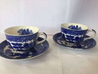 Vintage Japan Porcelain Blue Willow Blue & White Tea Cup And Saucer Set Of 2