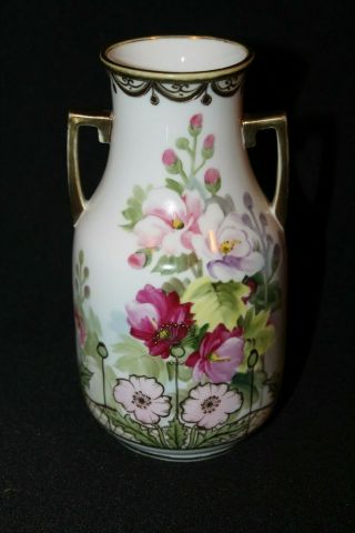 Vintage Nippon Antique Double Handled Vase 7 " White Porcelain With Flowers - Vgc