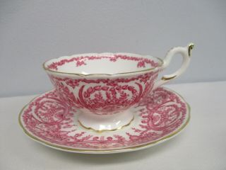 Coalport 5012b Pink & White Tea Cup & Saucer W Flower Basket & Scrolls