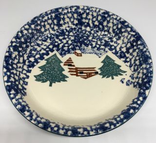 Tienshan Folk Craft Cabin In The Snow Pie Plate 10 1/4 " Blue Sponge Ware