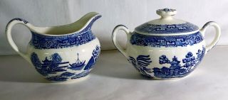 Royal China Blue Willow Creamer And Sugar With Lid