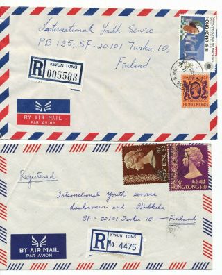Hong Kong 1975 - 83 Kwun Tong Registration Label & Postmark 2 Cover To Finland