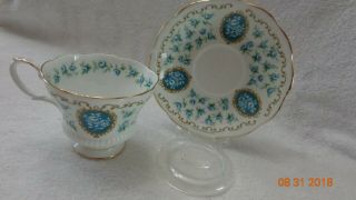 Royal Albert Tea Cup Saucer set Cameo Series Pattern is Treasure Teal and Gold 2