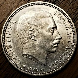 1930 Denmark 2 Kroner Toned Xfine Silver Coin 60th Birthday Of King Christian X