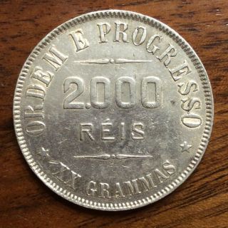 1912 Brazil 2000 Reis Large Silver Coin 20 Grams.  5787 Oz Asw Circulated Xf