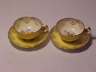 2 Paragon Demi Size Cups And Saucers Yellow W/ Flowers Double Warrant