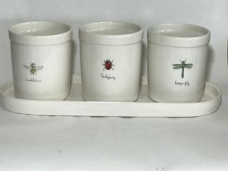 Rae Dunn Ladybug,  Bumblebee,  Drangonfly Pottery Flower Set With Tray.