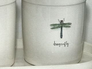 Rae Dunn Ladybug,  Bumblebee,  Drangonfly Pottery Flower Set With Tray. 2