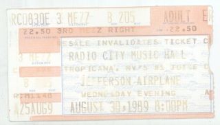 Jefferson Airplane 8/30/89 Nyc Ny Radio City Mh Concert Ticket Stub Starship