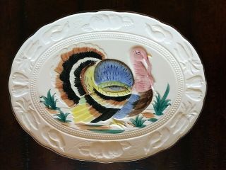 Made In Japan Vtg Antique Turkey Platter Large Oval Embossed Hand Painted