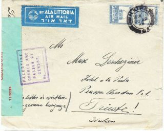 Palestine Ww2 Ala Littoria Airmail Cover To Italy 1940 Censor.  Haifa Israel