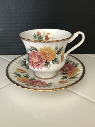 60s Paragon Fluted Pink & Yellow Chrysanthemum Tea Cup & Saucer