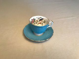 Aynsley Bone China Blue Tea Cup And Saucer With Bird And Flower Design