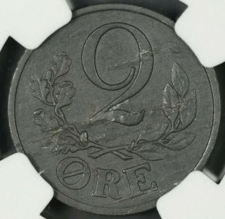 1945 - N S NGC UNCIRCULATED DENMARK 2 ORE REVERSE PLANCHET FLAW 2