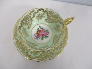 Paragon A565/8 Light Green With Gold Tea Cup & Saucer With Flowers In Center