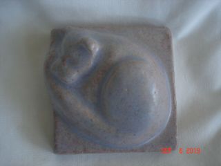 Signed Janet Ontko Blue Sleeping Cat Clay Forms Tile / Figurine Handmade In Usa