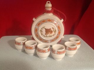 Zajecar Yugoslavia Pottery Ceramic Porcelain Fox & Boar Decanter Shot Glasses