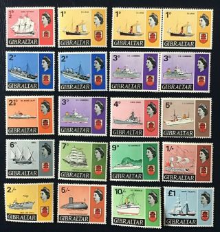 Gibraltar - 1967 Definitive Ship Stamps Complete Set Of 15,  Sg 200 - 213,  205a Mnh