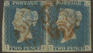 1840 Gb Qv 2d Blue Pair,  Sg5 Plate 2,  Magenta Maltese Cross (ij - Ik) Cat £18000