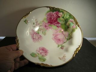 Large Old & Pretty Es Germany Pink & Red Roses With Gold Trim Decorated Bowl