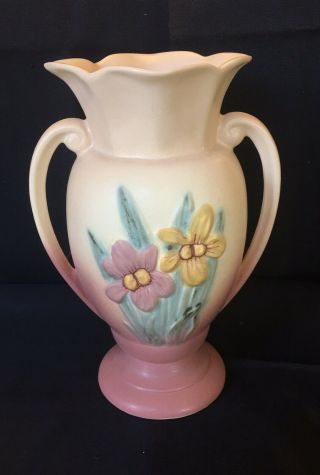 Hull Pottery Iris / Narcissus Large 407 - 8 1/2” Flower Vase Rose & Peach Perfect