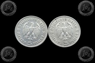 Germany (iii.  Reich) 2 X 5 Reichsmark: 1935 A,  1936 A (hindenburg) Silver Xf